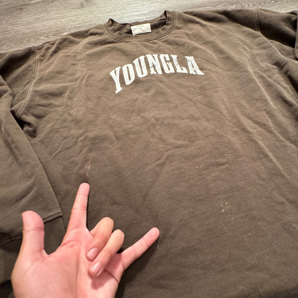 YOUNGLA Sweatshirt Mens XXL Brown Cotton Gym Workout Streetwear Oversized Y2K - Picture 2 of 11